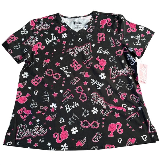 Barbie Tops - Barbie Scrub Top Womens Size 2XL Black Pink Short‎ Sleeve Work Shirt
